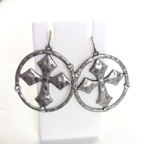 Hammered Silver Tone Maltese Cross Rhinestone Statement Hook Dangle Earrings - Picture 2 of 4